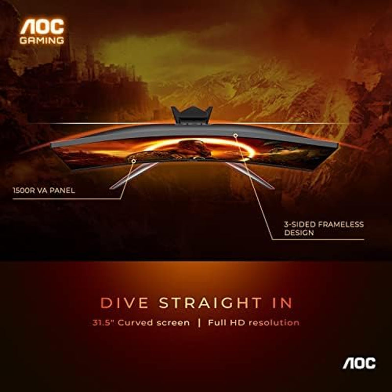 C32G2 32-Inch Curved Frameless Gaming Monitor - FHD, 1500R Curved VA, 1ms Response Time, 165Hz Refresh Rate, FreeSync, Height Adjustable, 3-Year Zero Dead Pixel Guarantee, Black